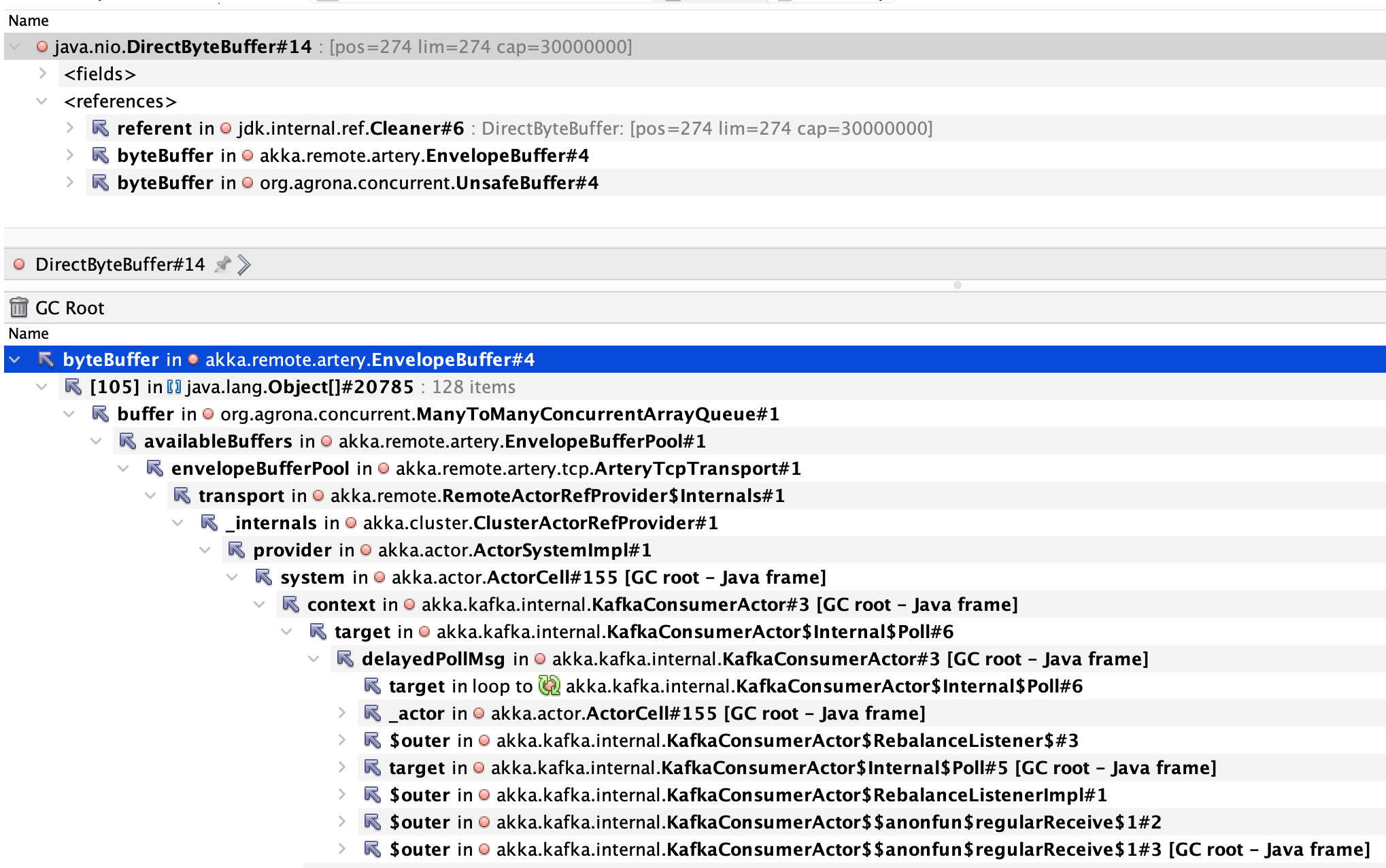 screenshot showing akka.remote.artery.EnvelopeBuffer allocations.