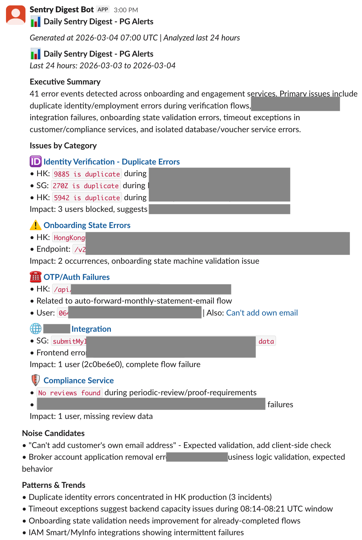 Structured daily digest summarising Sentry alerts in Slack