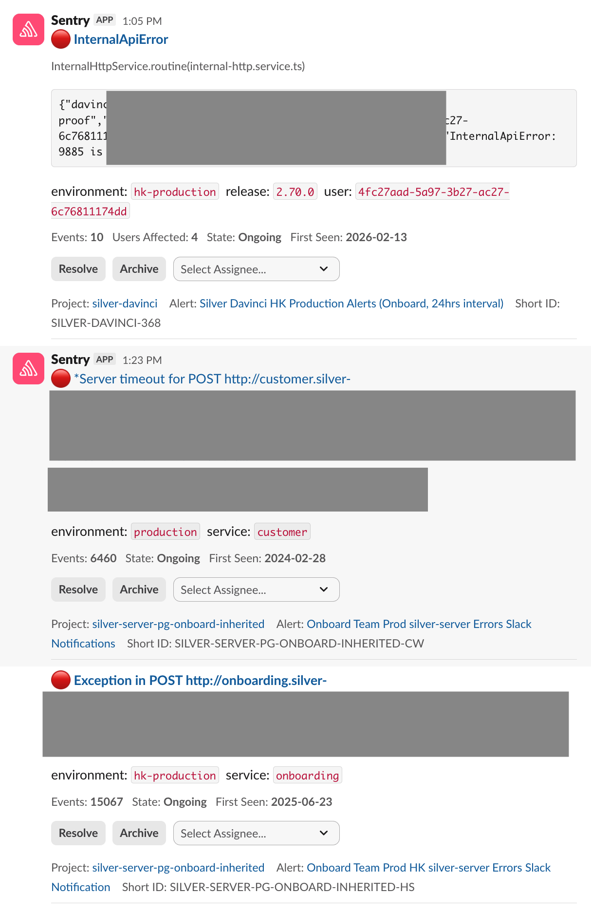 Raw Sentry alerts flooding a Slack channel
